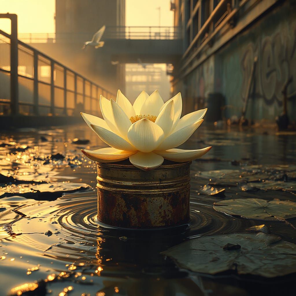 Lotus Blooms in Urban Canal, Dreamlike Photorealism