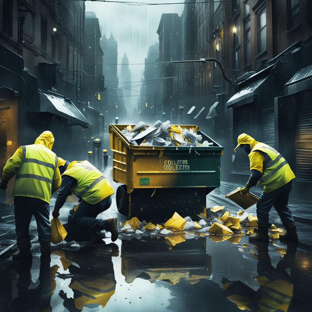 Gritty Cityscape of Garbage Collectors in Rainy Night