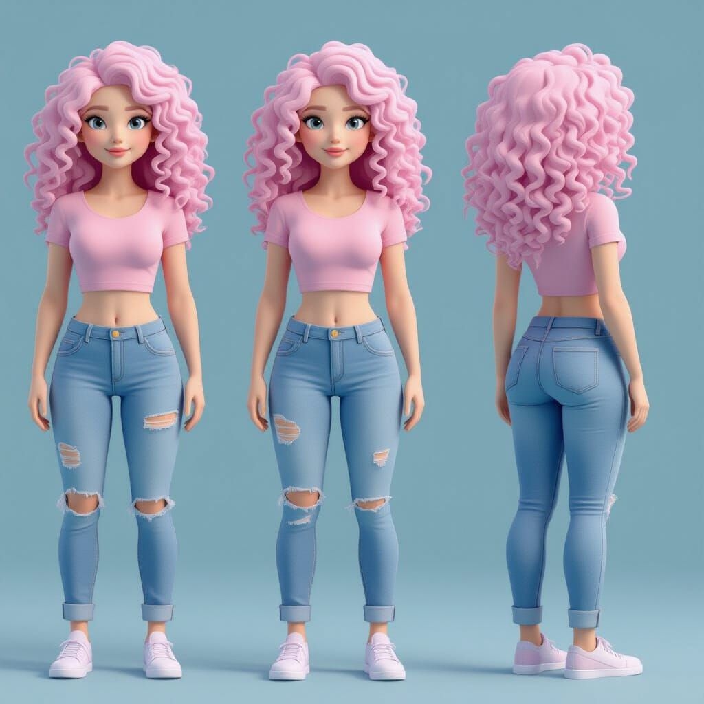 3D Pastel Curly Hair Woman Full Body Render