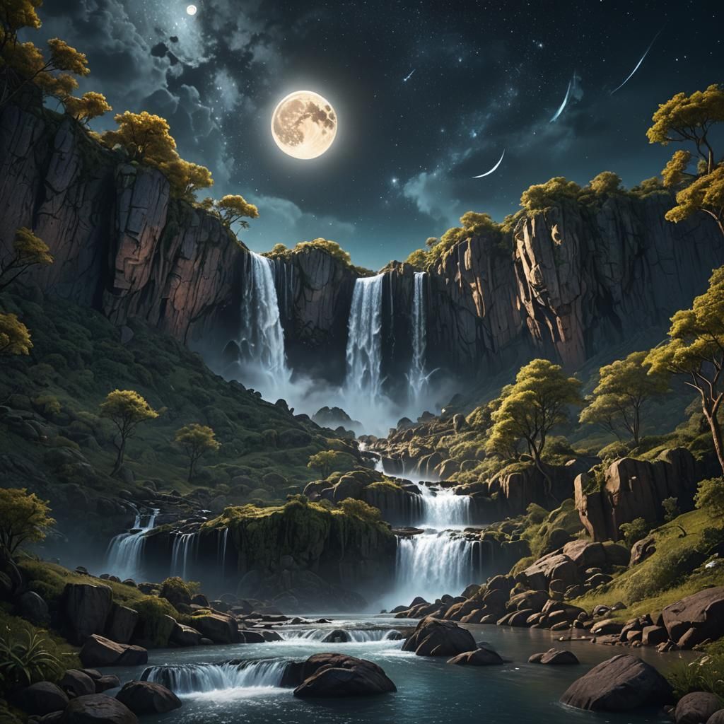 Moonlit Waterfall Fantasy Art in Unreal Engine