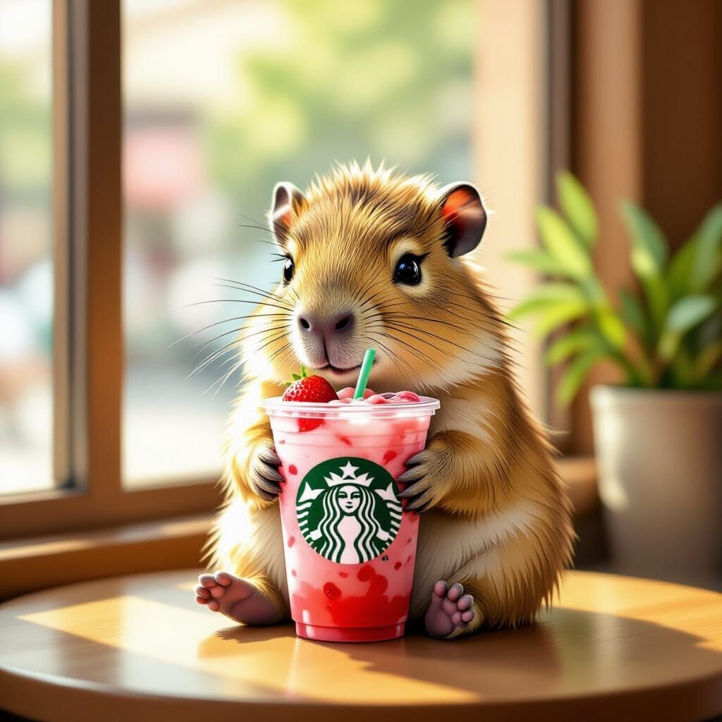 Baby Capybara Enjoys Starbucks Drink in Whimsical Style