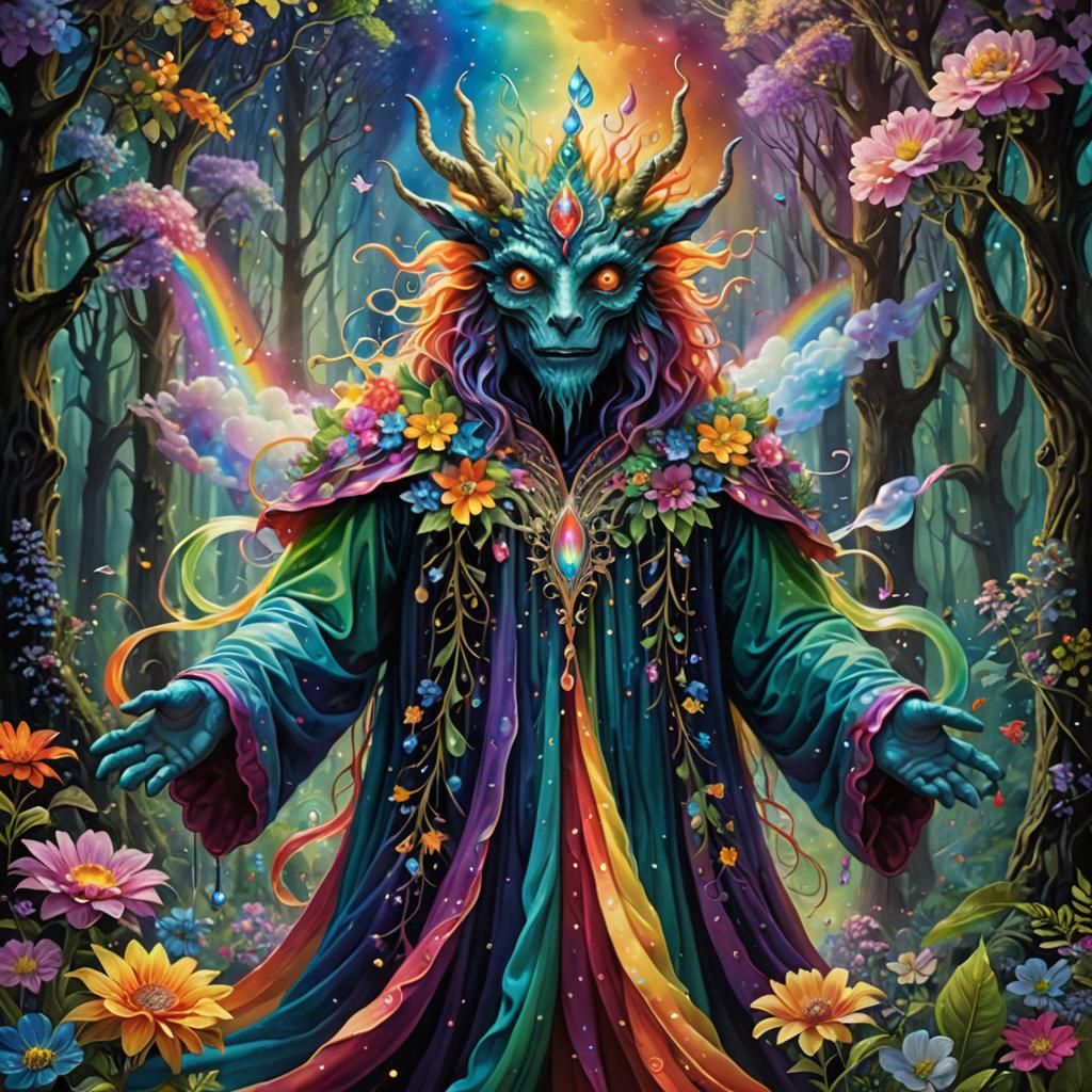 Surreal Rainbow Monster in Mystical Forest