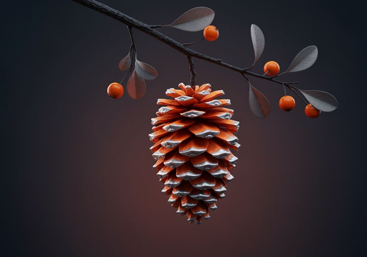 Glowing Pinecone with Orange Fruits in Moody Cinematic Style
