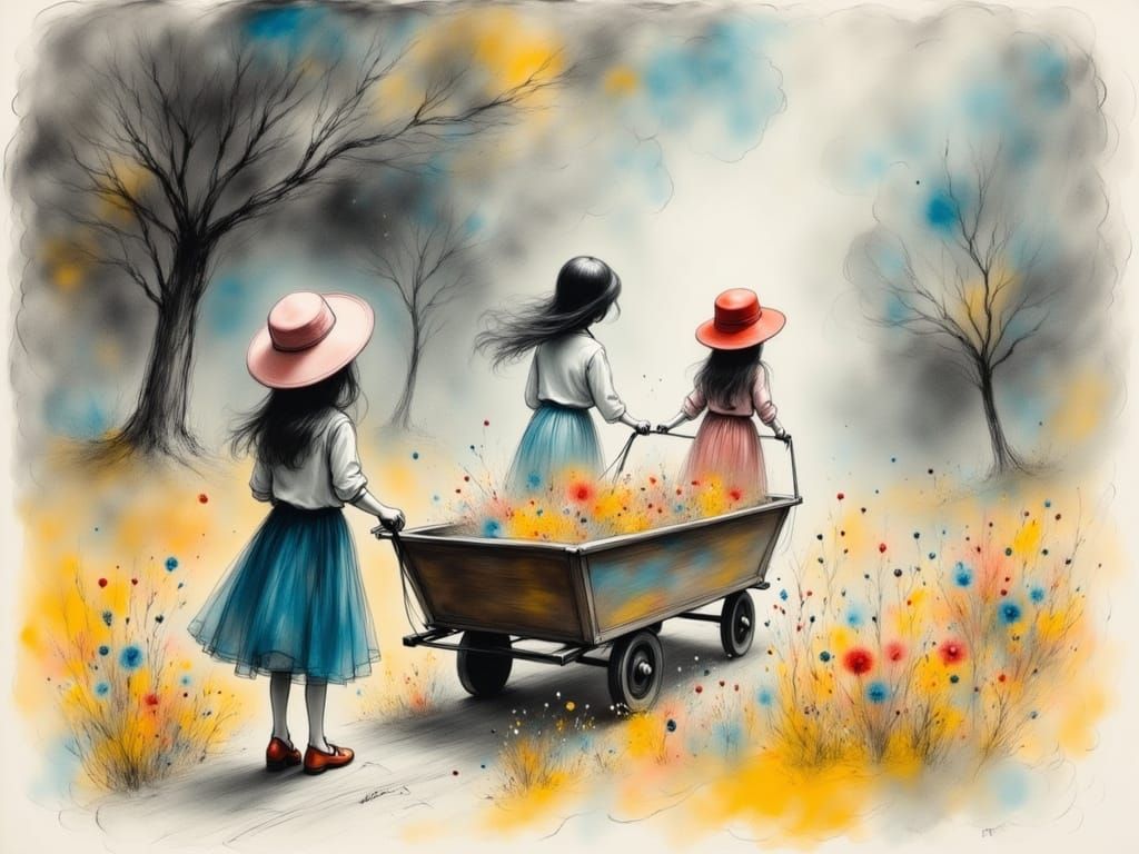 Impressionist Children's Joyful Handcart Adventure