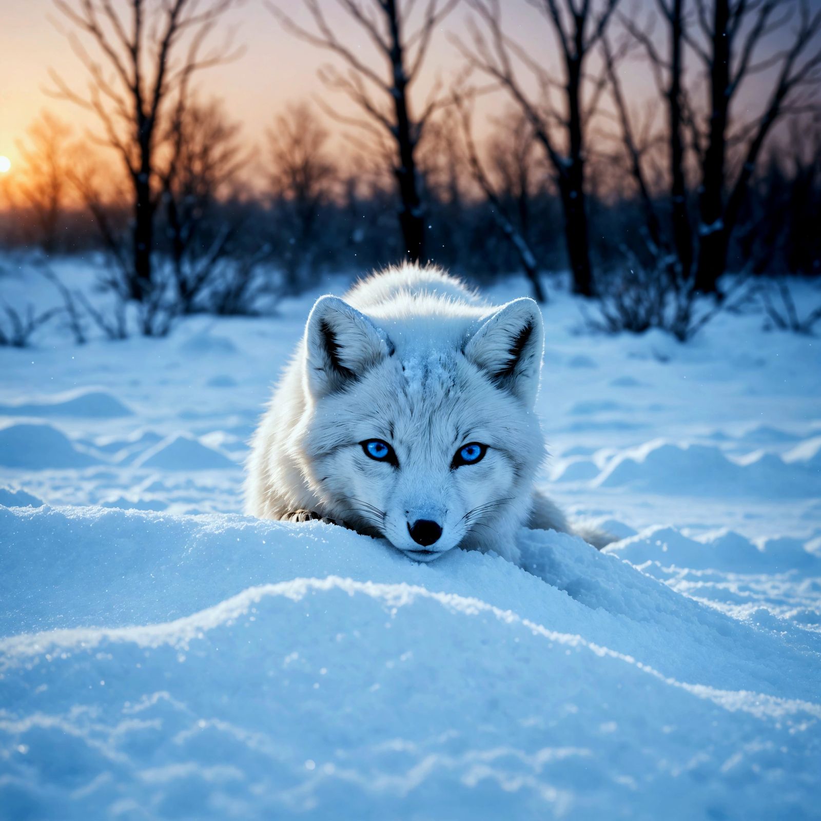 Surreal Portrait of Baby Arctic Fox Buried in Snowy Landscap...