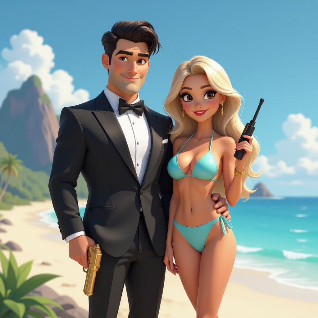 Pixar Style Bond on a Tropical Beach