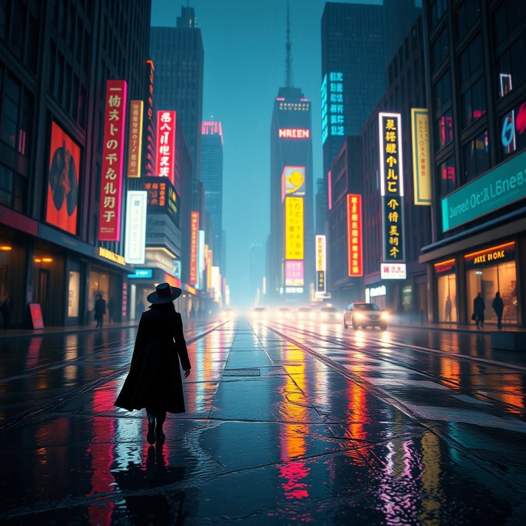 Ethereal Film Noir Figure Walks Under Neon Skies