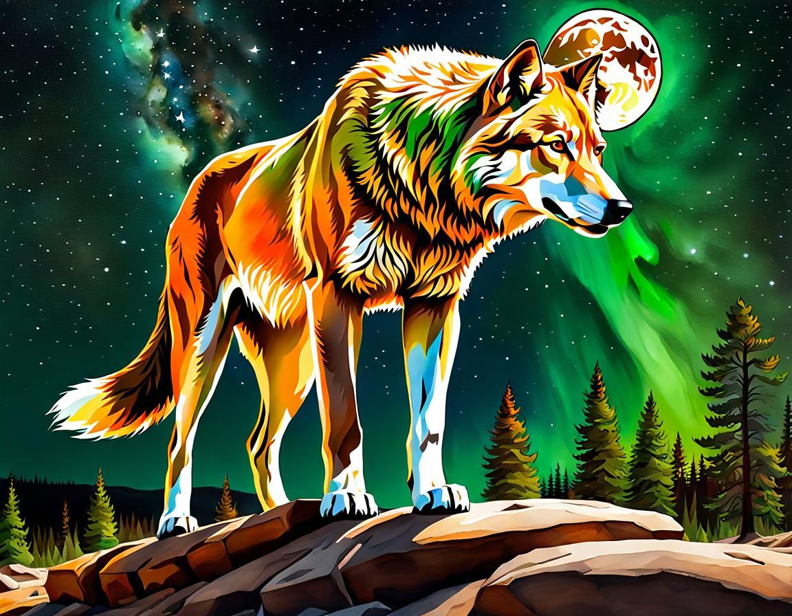 Giant Prehistoric Wolf in Starry Landscape, Watercolor Style
