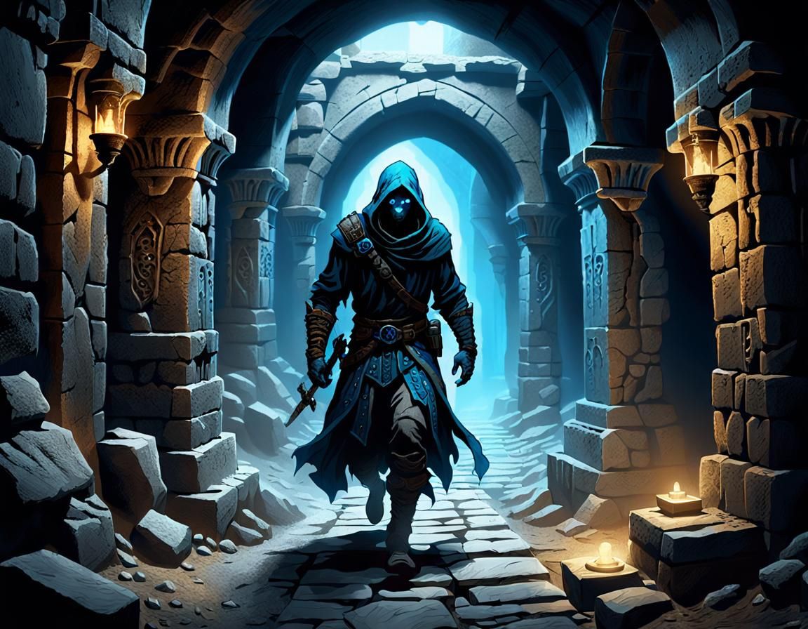 Obsidian Cult Rogue in Catacombs: Dark Fantasy Art