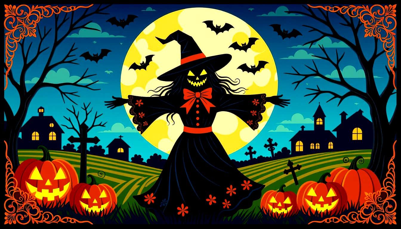 Halloween Harvest Moon Farm Scene with Scarecrow and Bats