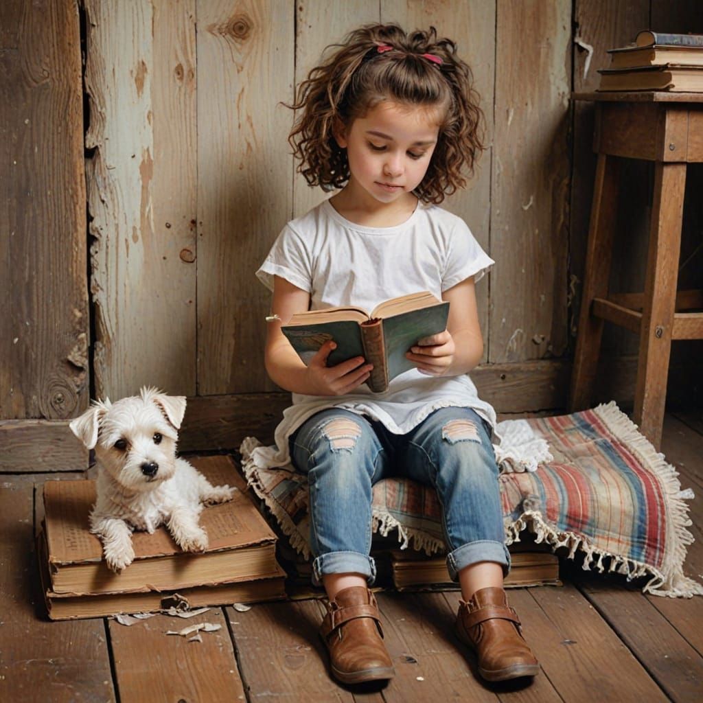 Whimsical Oil Painting of Girl Reading in Cozy Book Nook