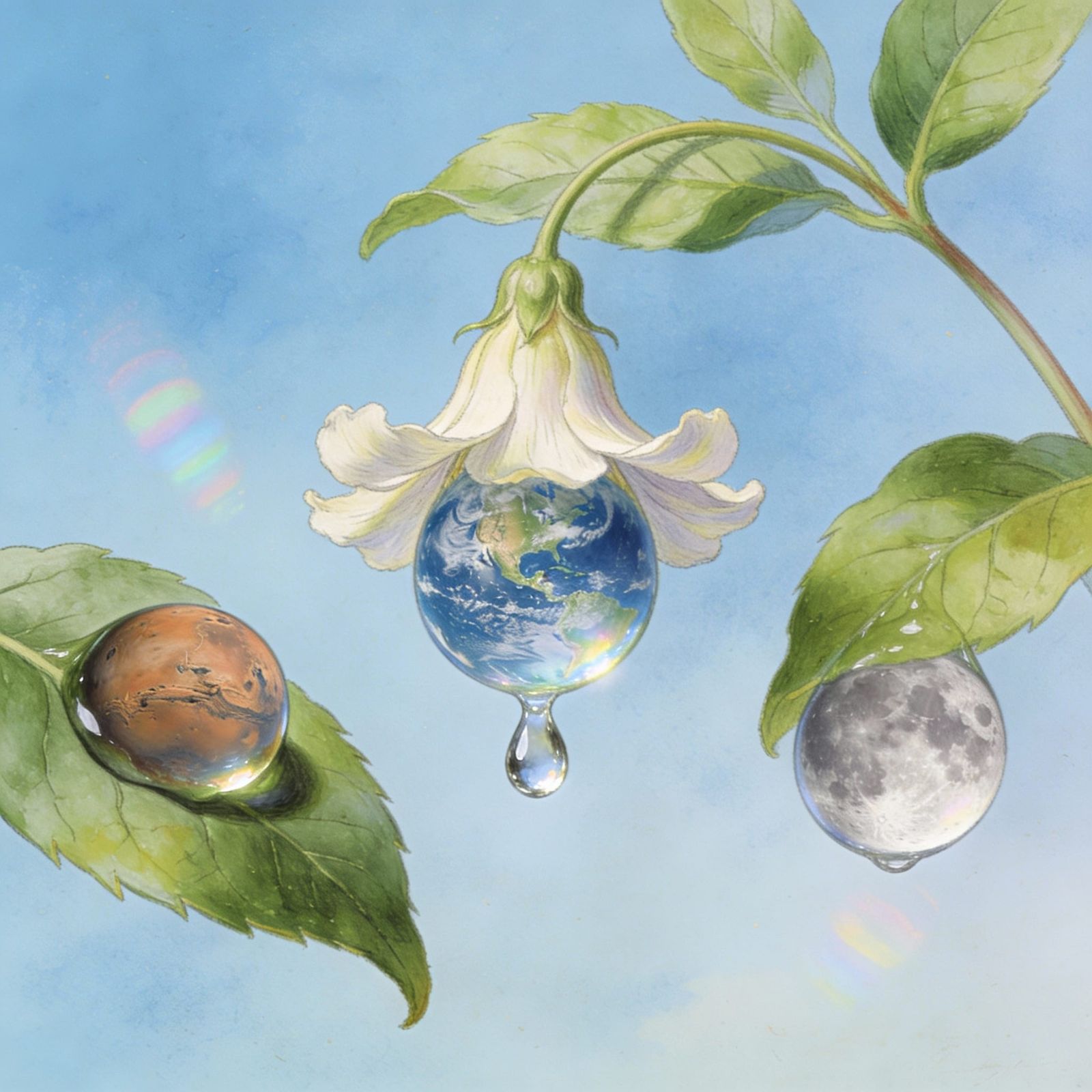 Flower Droplet Holds Earth, Mars, and Moon, Botanical Art