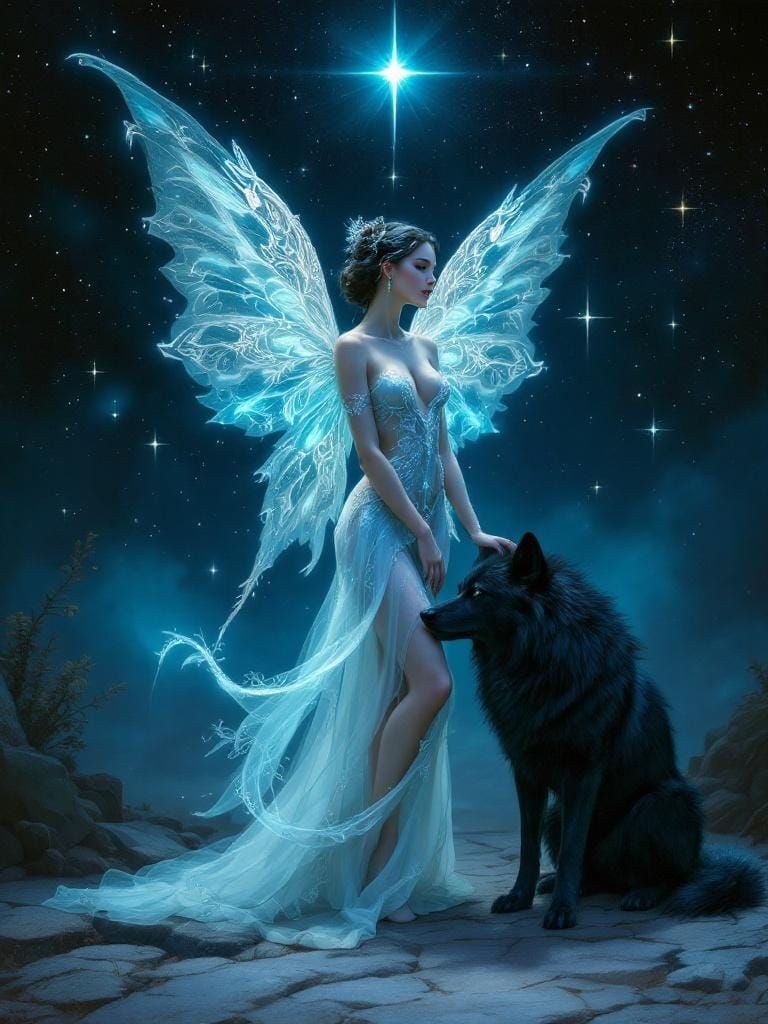 Luminescent Fairy and Black Wolf in Ethereal Fantasy Art