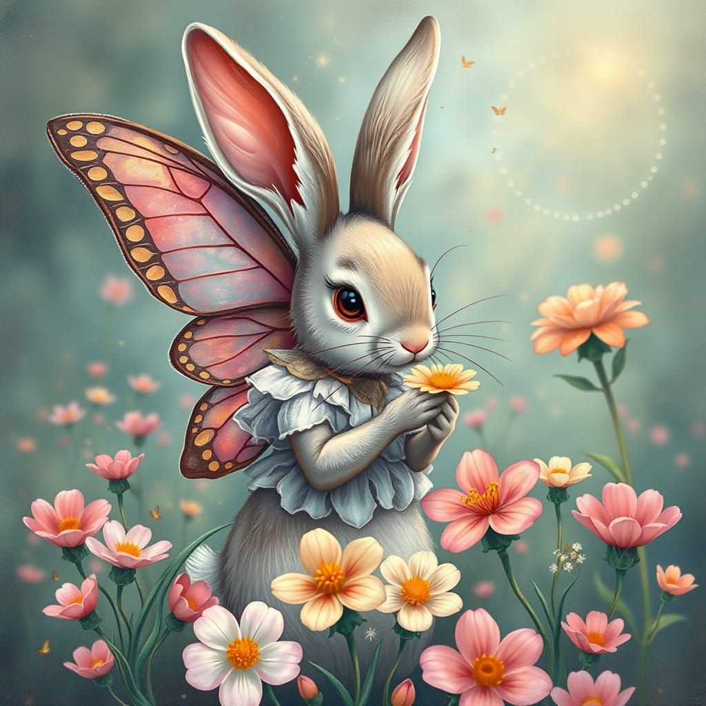 Butterfly Rabbit Sipping Nectar in Dreamlike Style