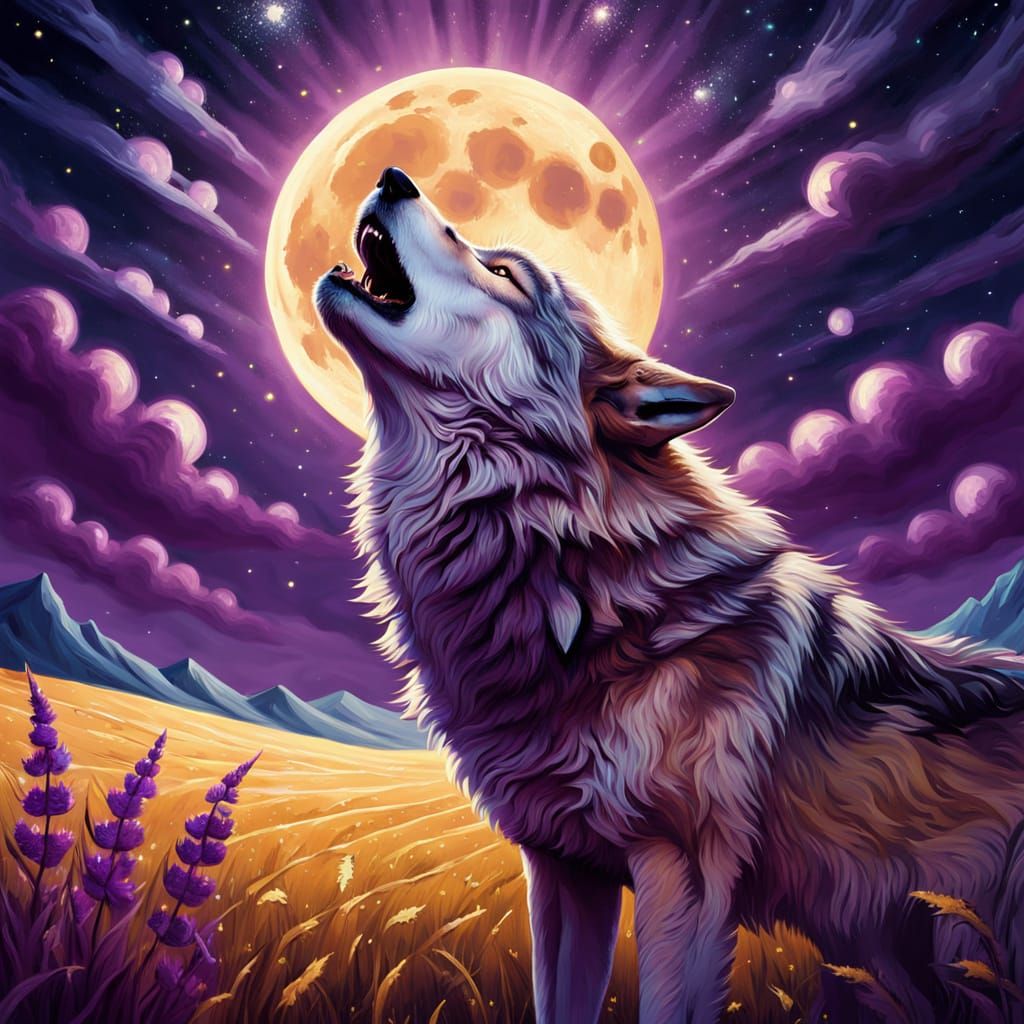 Cosmic Wolf Howling at Moon in Starry Field