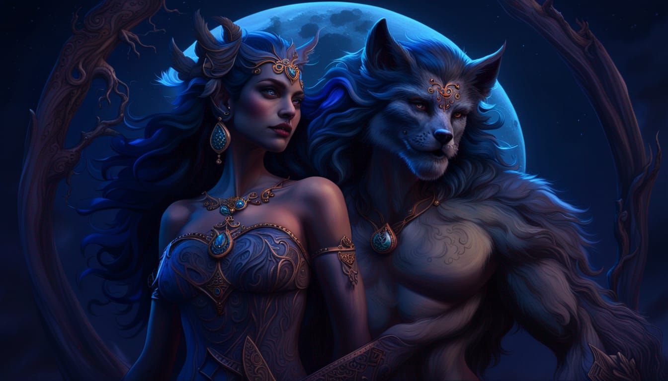 Voluptuous Moon Goddess Selune with Lycan Lover