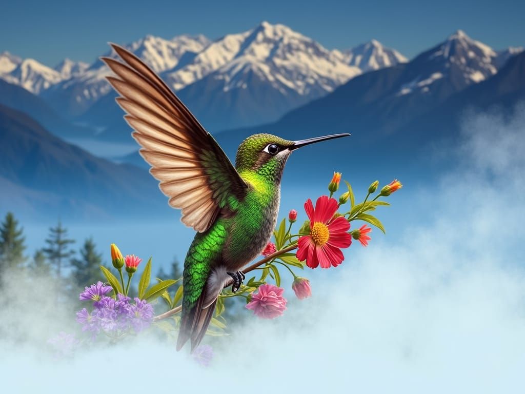 Vibrant Hummingbird in Flight Amidst Photorealistic Flowers ...