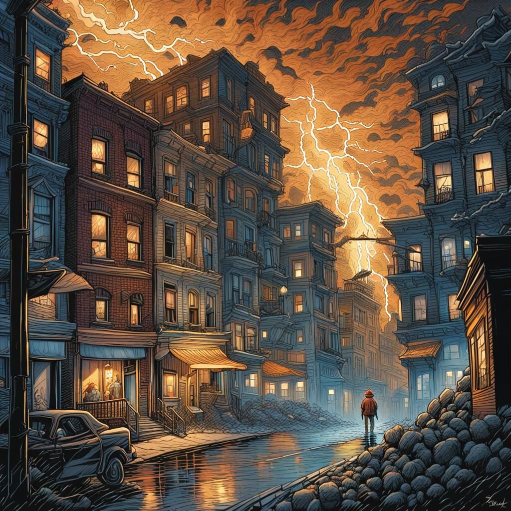 Whimsical City Lightning Storm in Ink and Pen