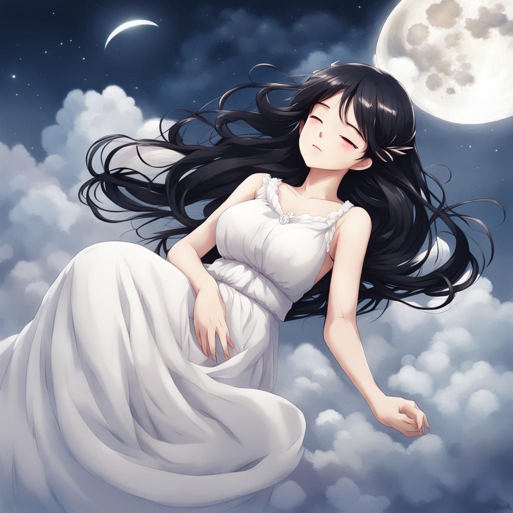 Sleeping Moon Goddess in Anime Key Visual Style