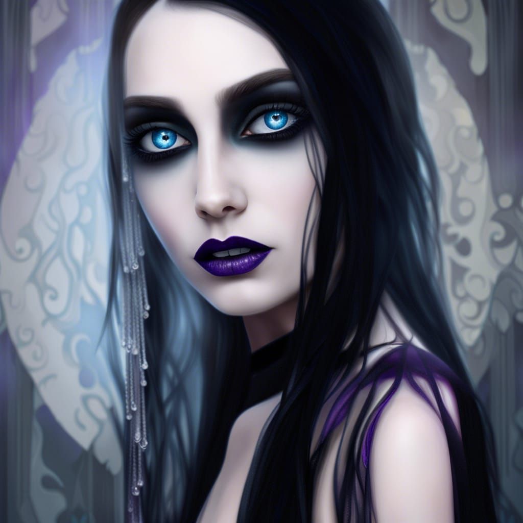 Uncanny ethereal Gothic Wiccan priestess with long flowing black hair& Beautiful crystal blue eyes& wearing smoky black ...