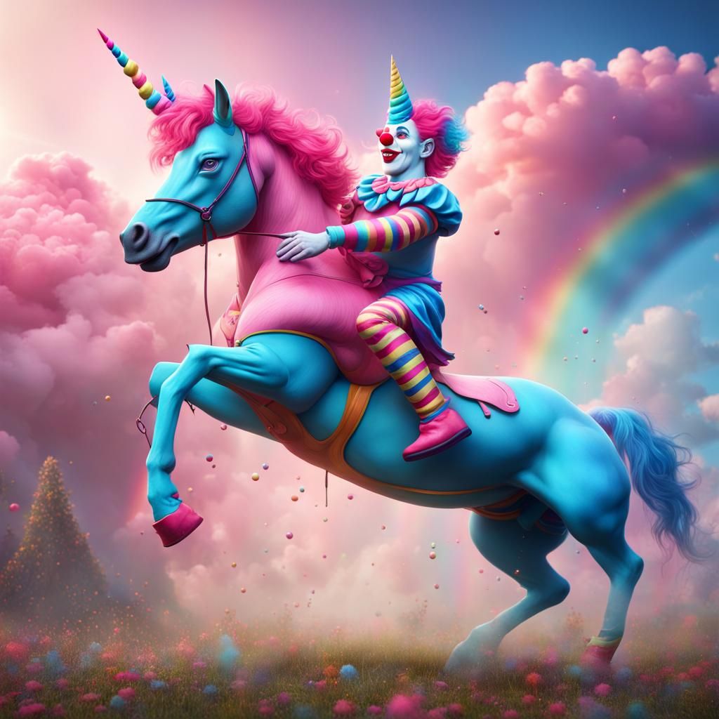 Clown Creates Rainbow Unicorn, Detailed Digital Art