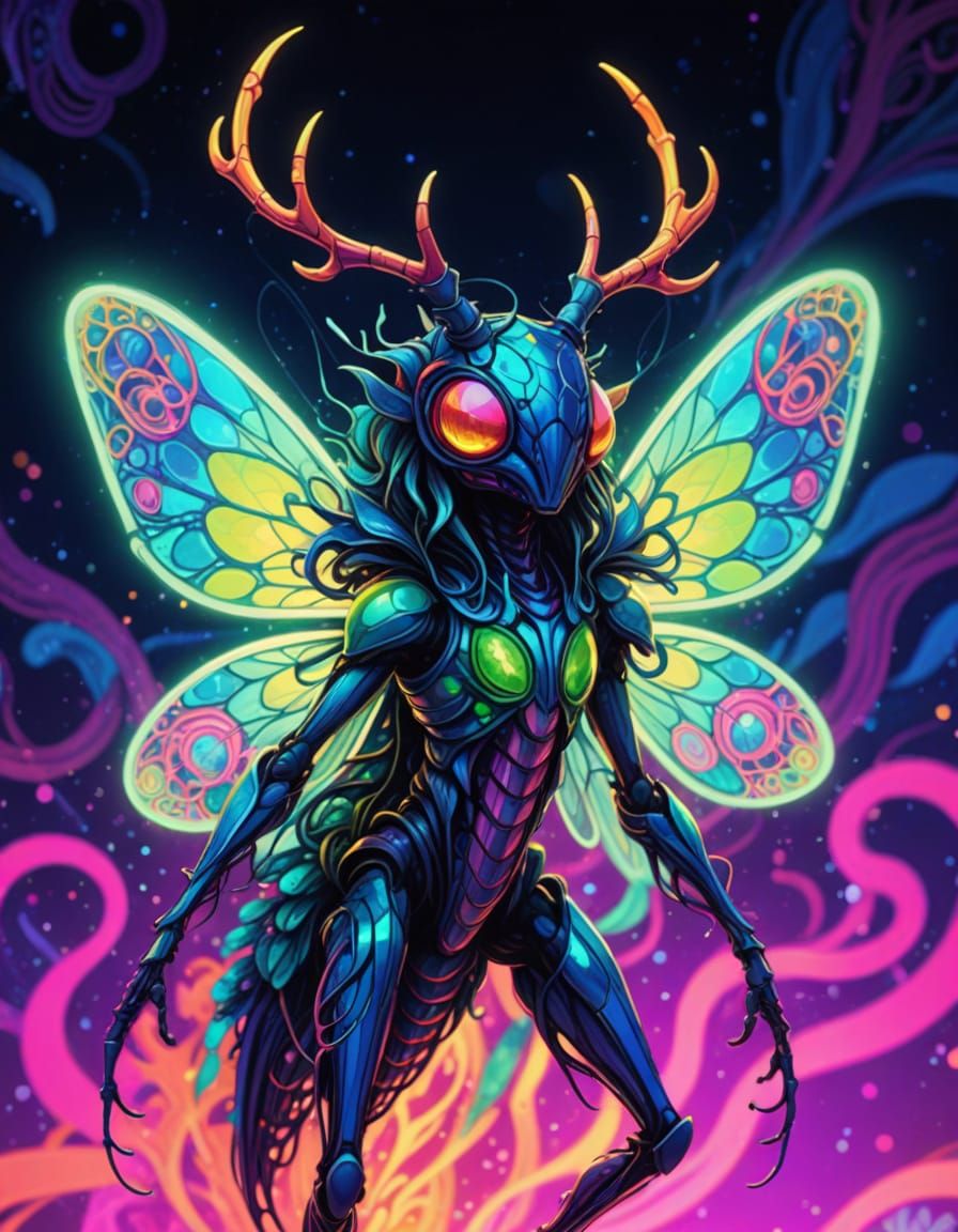 Psychedelic Manga Insectoid with Fairy Wings in Neon Colors