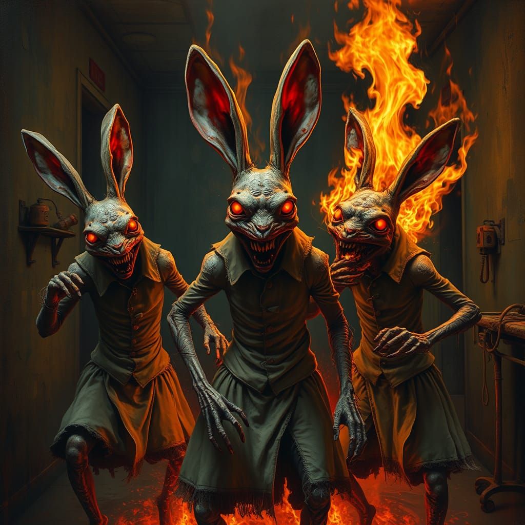 Grotesque Rabbit Creatures Spontaneously Combusting in Asylu...