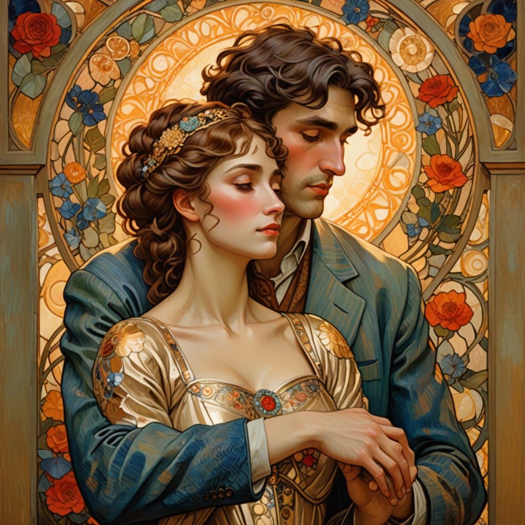 Lovers' Embrace in Art Nouveau Style