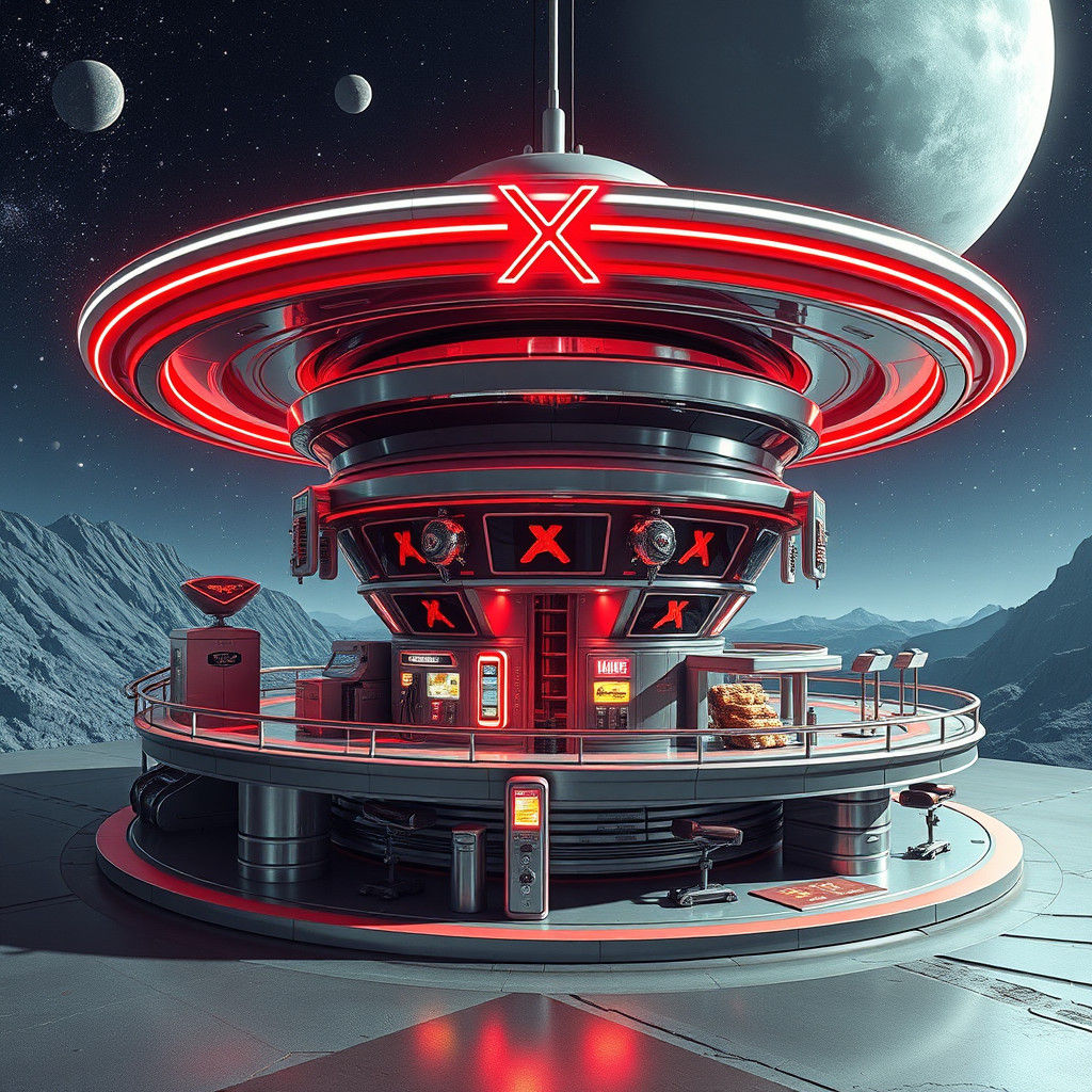 Futuristic Alien Gas Station in Retro-Futuristic Style