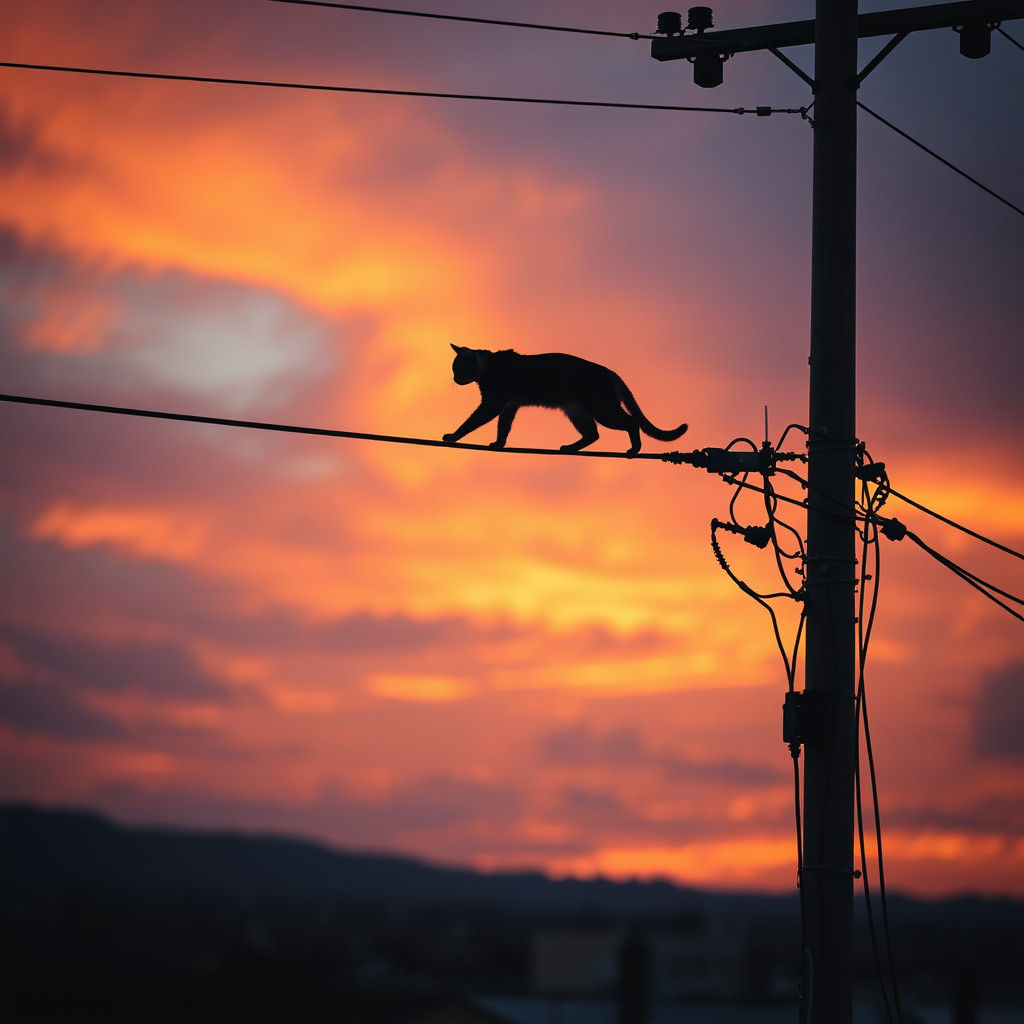 Cat Walks High Wire During Sunset