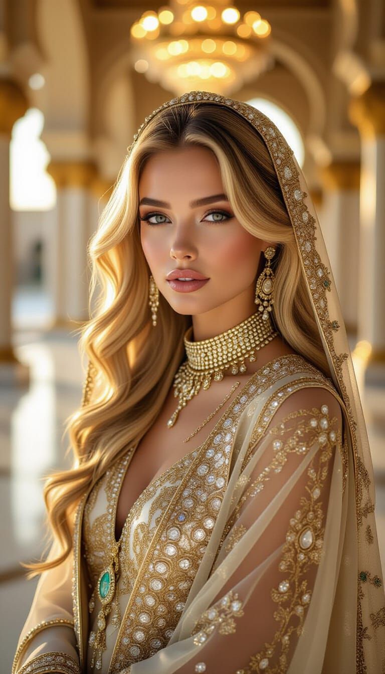 Blonde Model in Opulent Jewel Abaya - Luxury Palace Photo