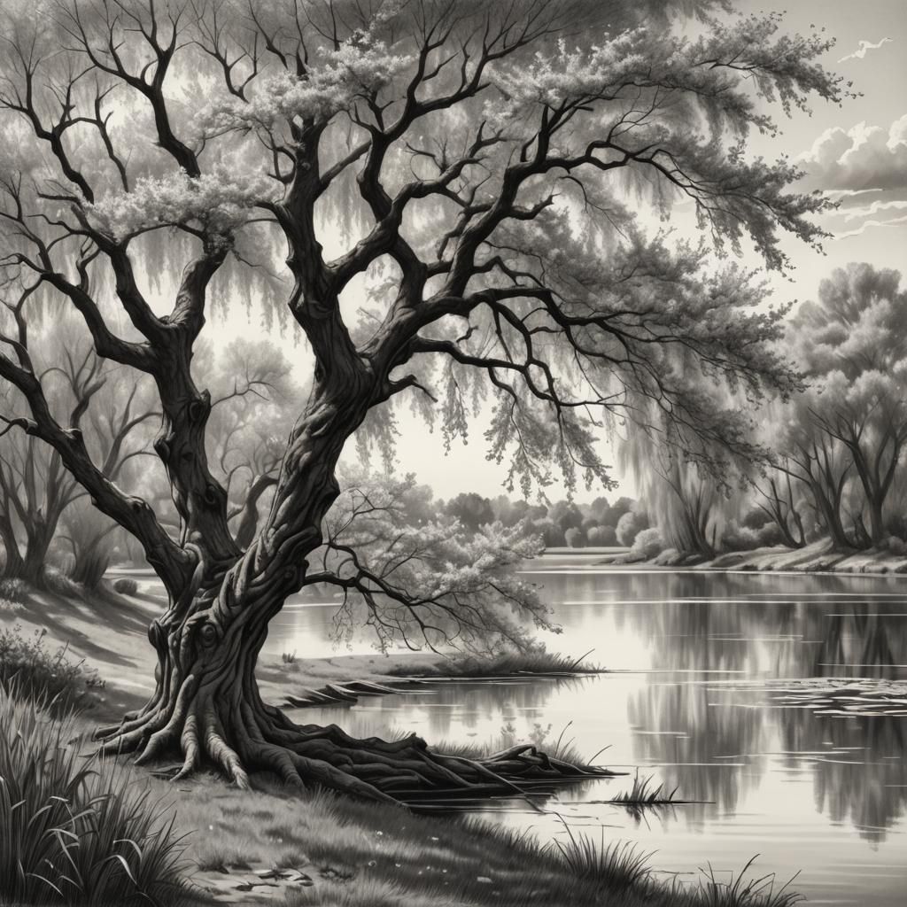 Cherry Tree Sketch with Long Leaves in Grayscale