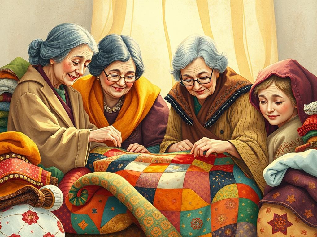 Intergenerational Women Create Quilt in Folk Art Style