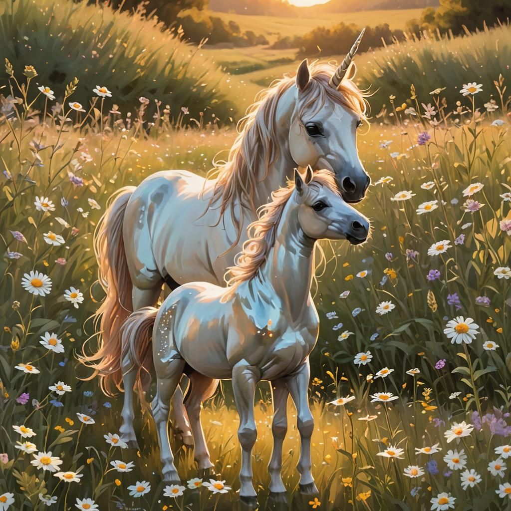 Unicorn Foal Frolics in Sunset Meadow