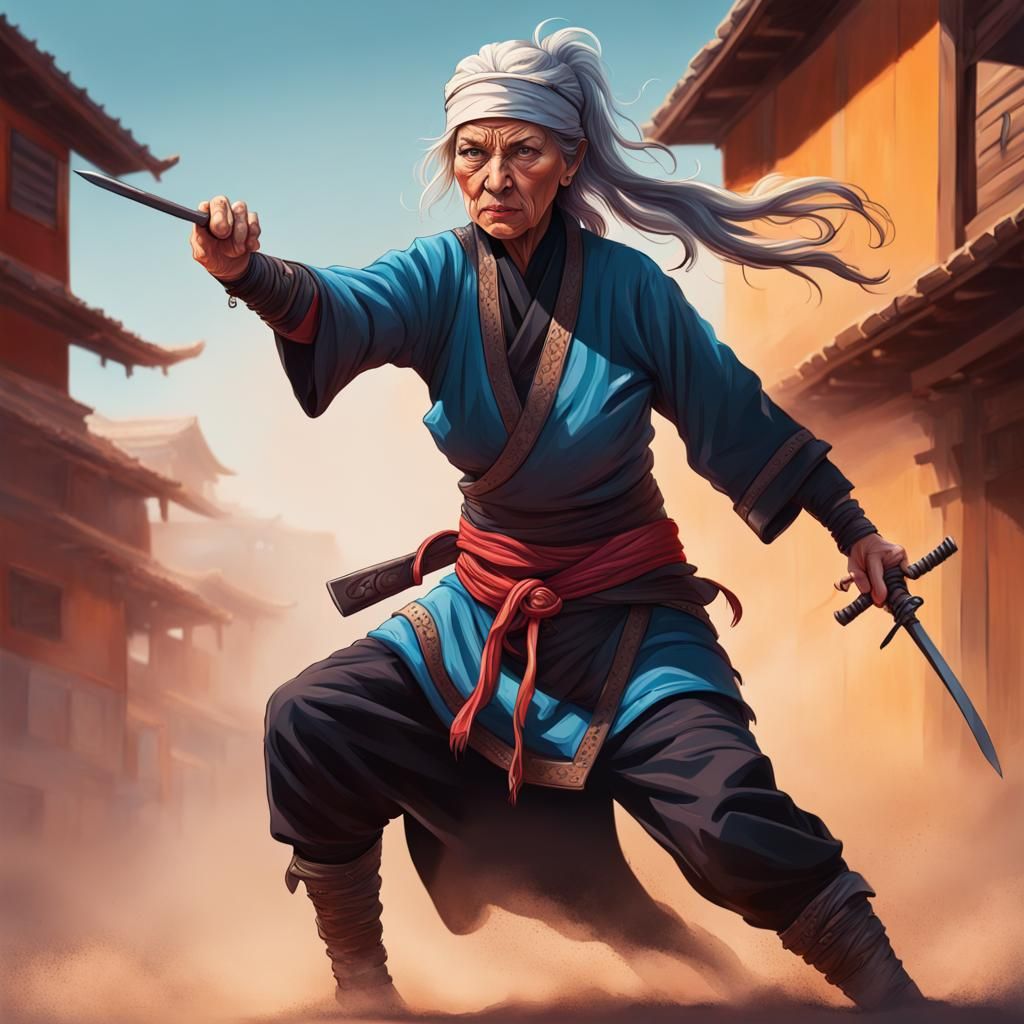 Fierce Old Woman Ninja in Hyperrealistic Style