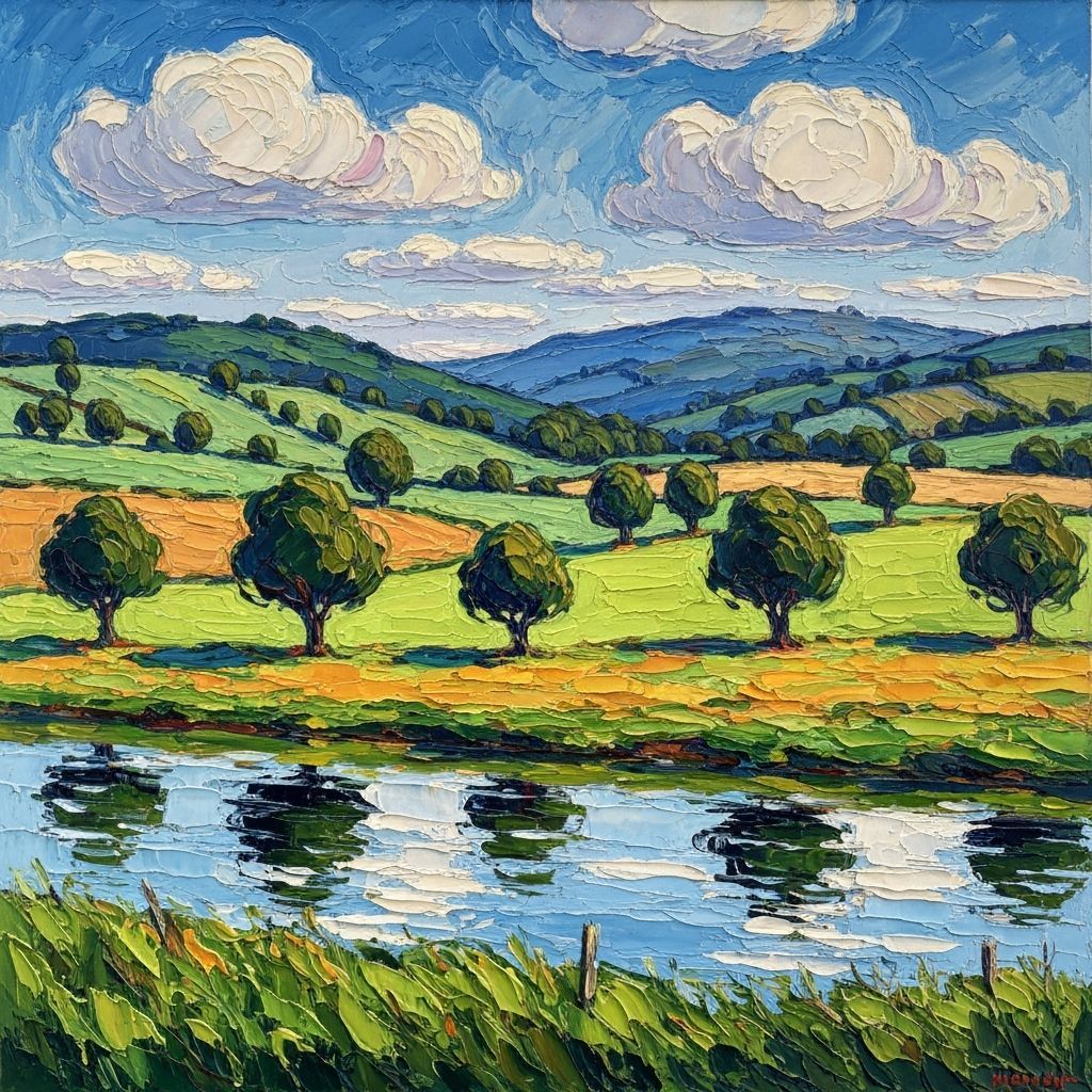 Impasto Countryside Scene with Rolling Hills