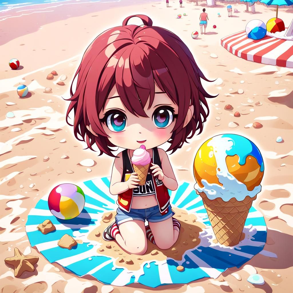 Chibi Girl's Beach Day in Detailed Anime Style