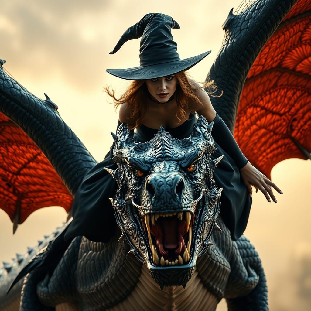 Epic Fantasy Art of Witch and Dragon in Flight