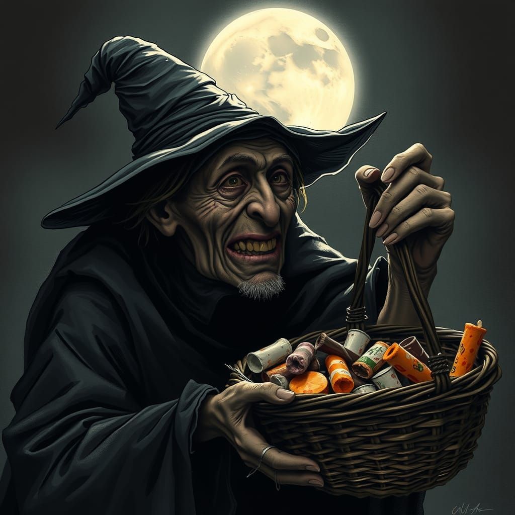 Halloween Witch with Treats, Gothic Illustration Style