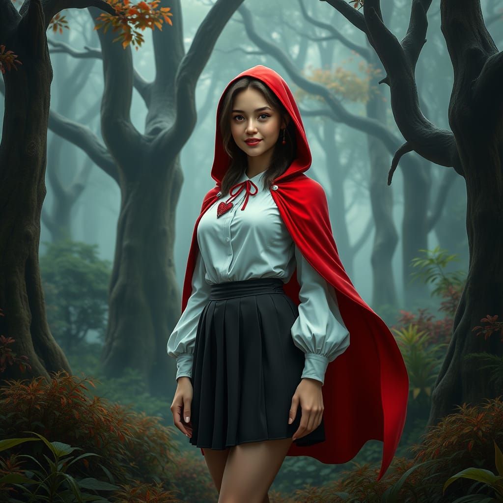 Mystical Woodland Siren in Vibrant Red Cape