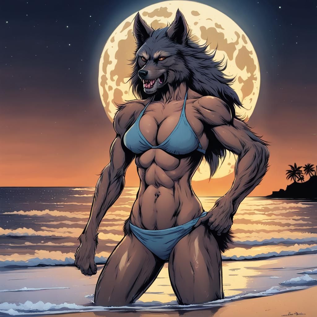 Muscular Werewolf in Bikini on Beach at Night