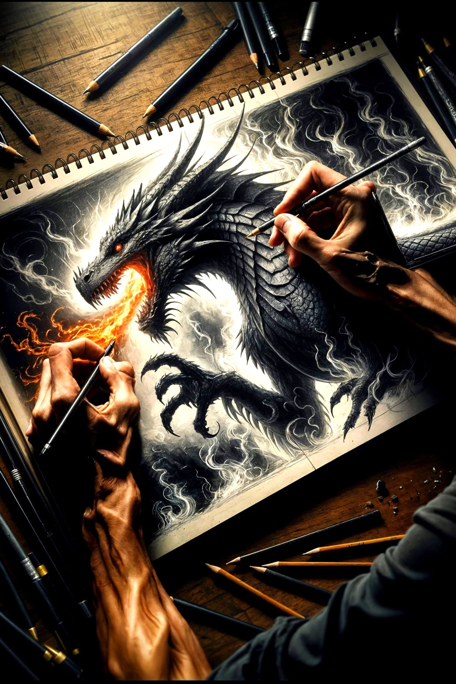 Artist's Hands Sketching a Dragon That Comes to Life