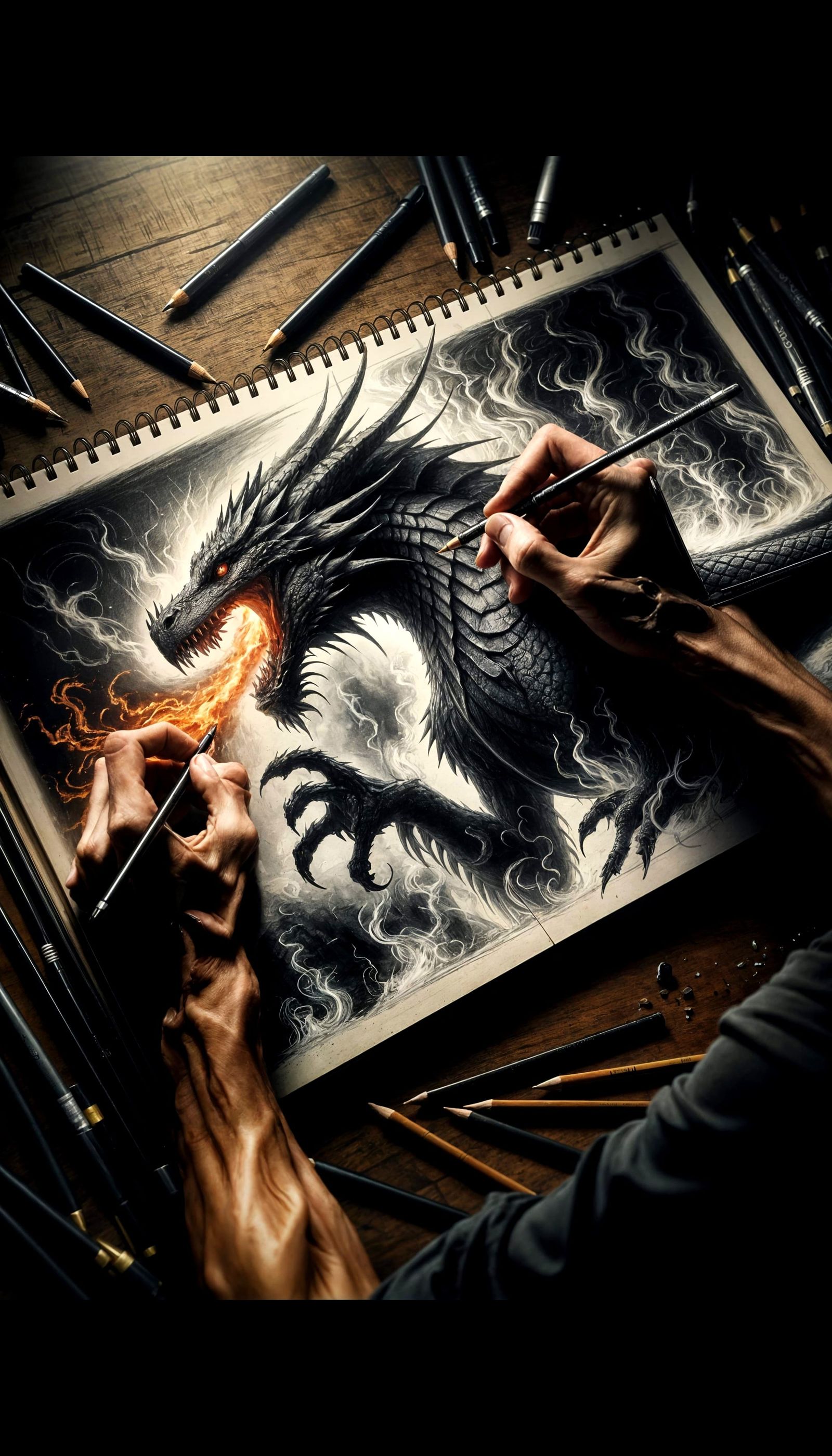 Artist's Hands Sketching a Dragon That Comes to Life