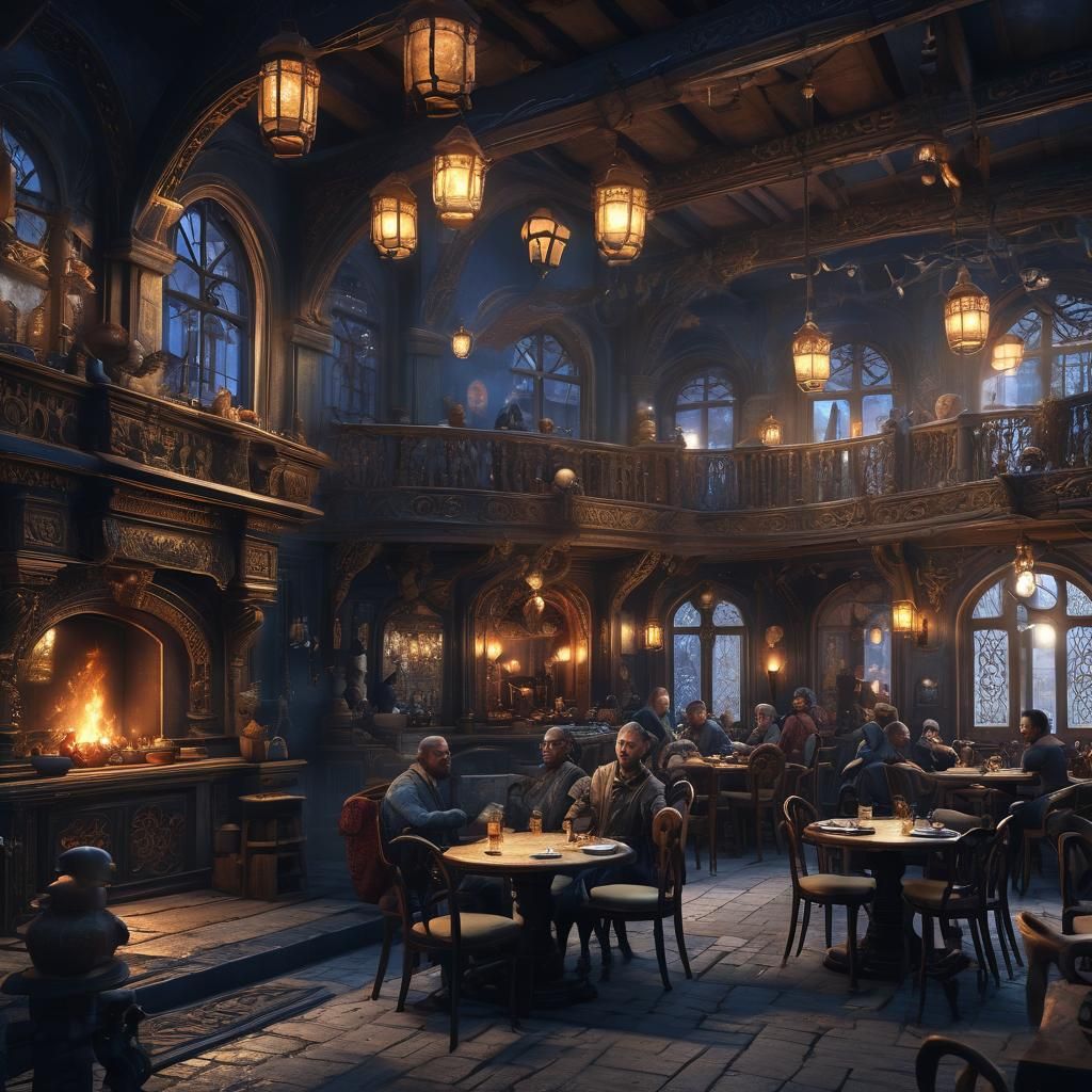 Mystical Night Cafe with Fantastical Creatures