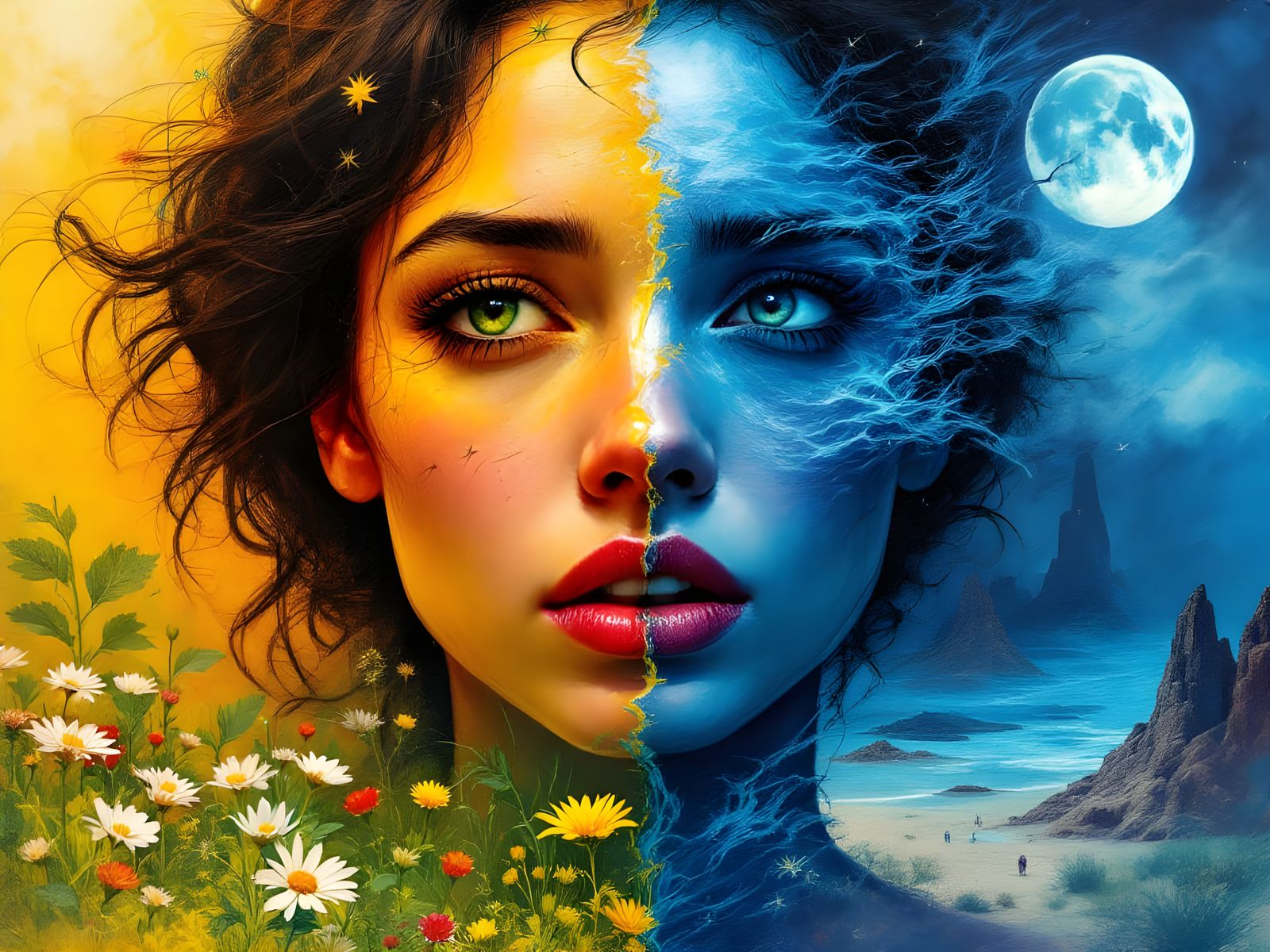 Split Portrait: Calm Garden, Chaotic Desert