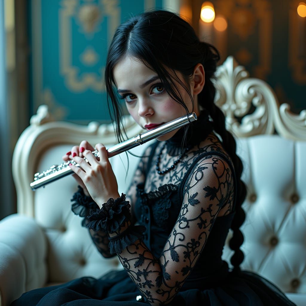 Gothic Girl Playing Flute in Surreal Exterior