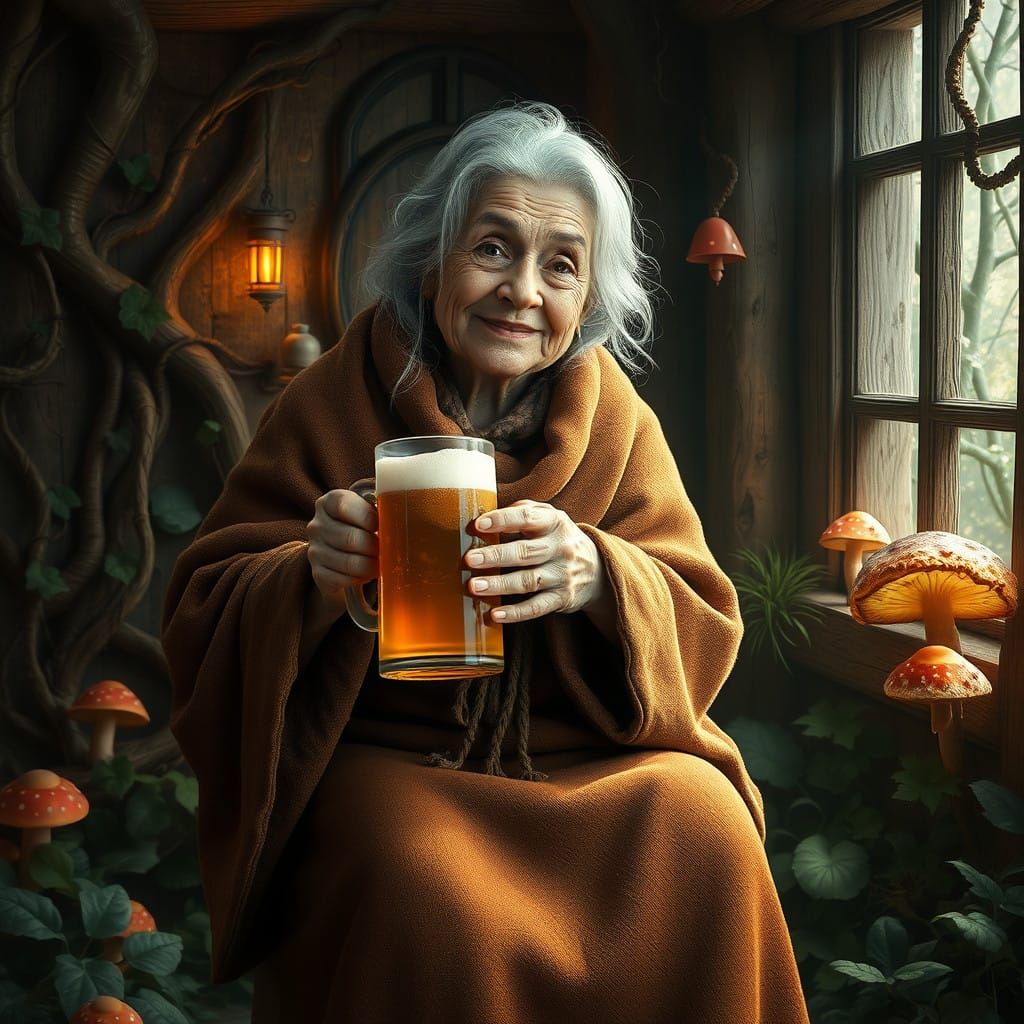 Grandmother Savoring Beer in Mystical Forest
