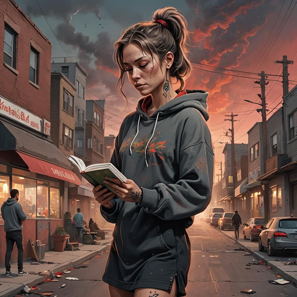 Woman Reading Book in Fantastical Urban Art