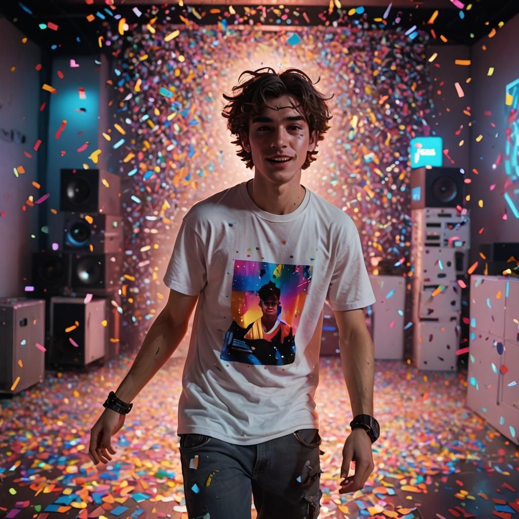 Boy Dancing with Neon Sound System, Hyper-Realistic Digital ...
