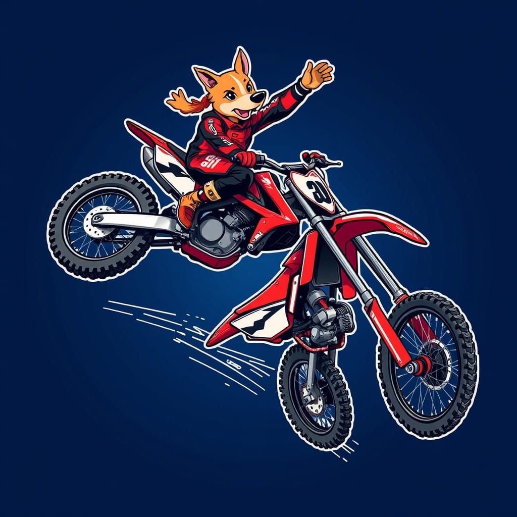 Vibrant Cartoon Motocross Scene with Dog Rider